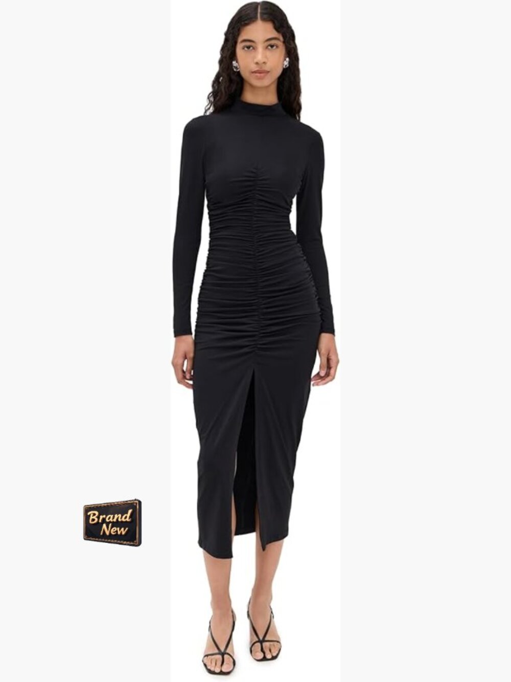 Mock Neck Gathered Front Long Sleeve Bodycon Midi Dress